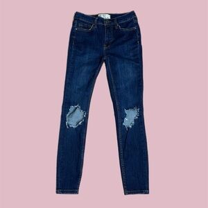 Free People Women’s Distressed Mid-Rise Skinny Jeans Dark Blue Sz 25